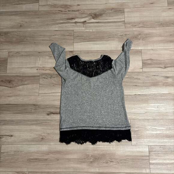 Democracy Gray With Black Lace Split V-Neck - Picture 3 of 3